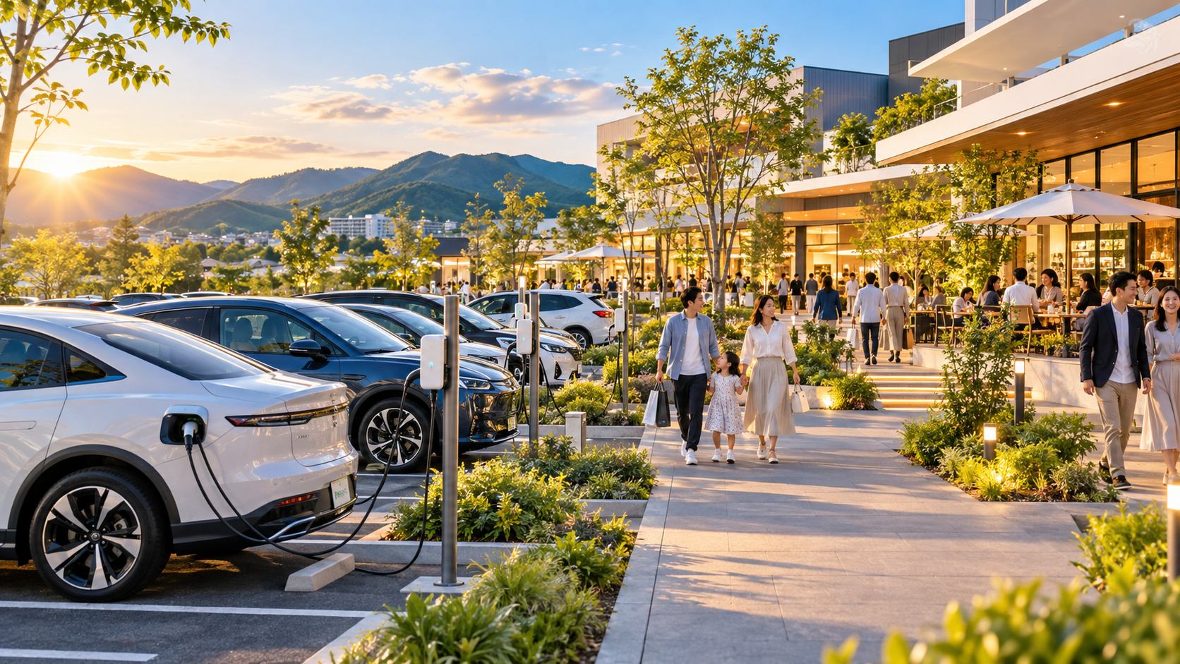 EV充電をきっかけに人が集まり、買い物や食事を楽しむ複合施設の駐車場